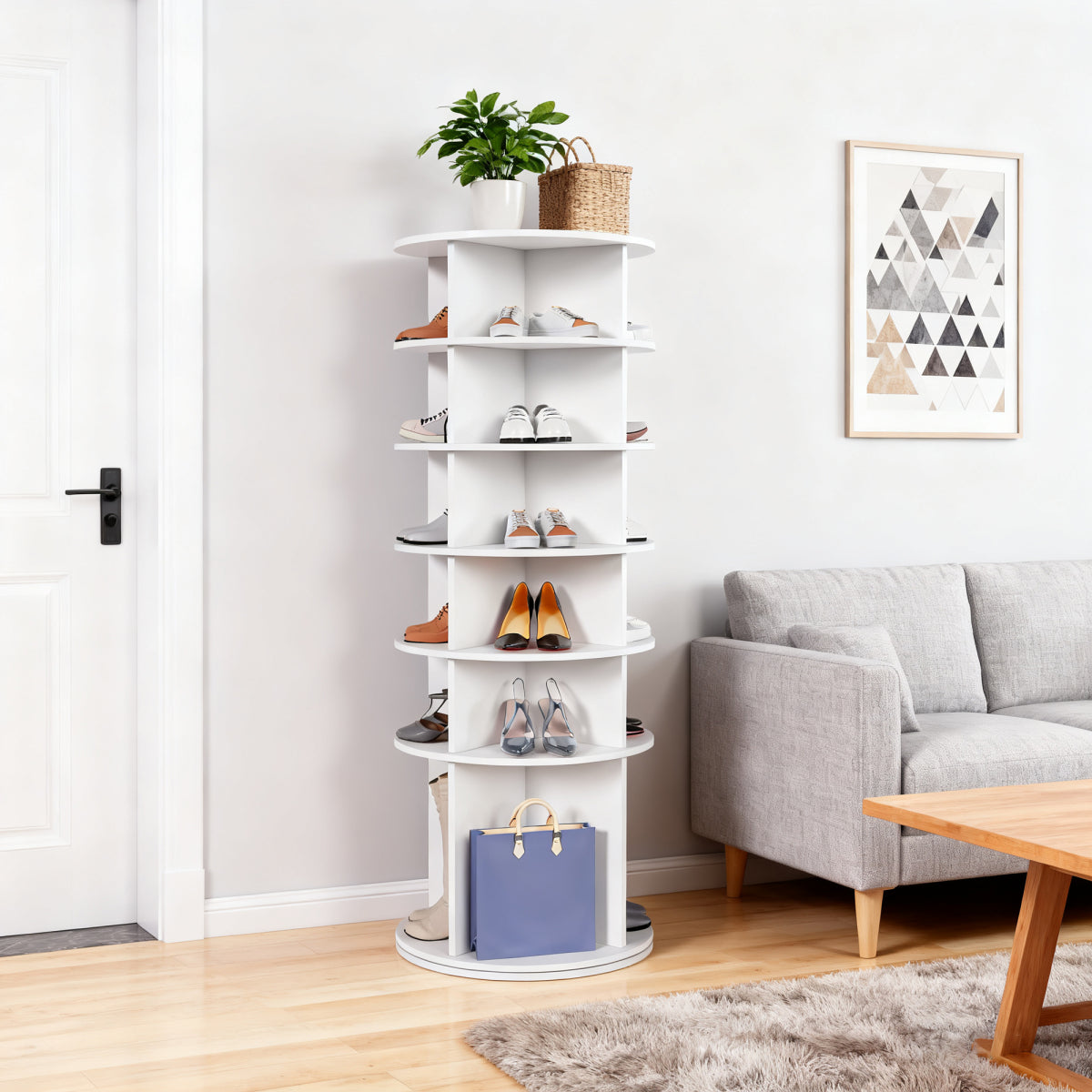Drehbares Schuhregal 6 Etagen, 360°, Stiefelfach, 24 Paar, Weiß, 161 cm hoch