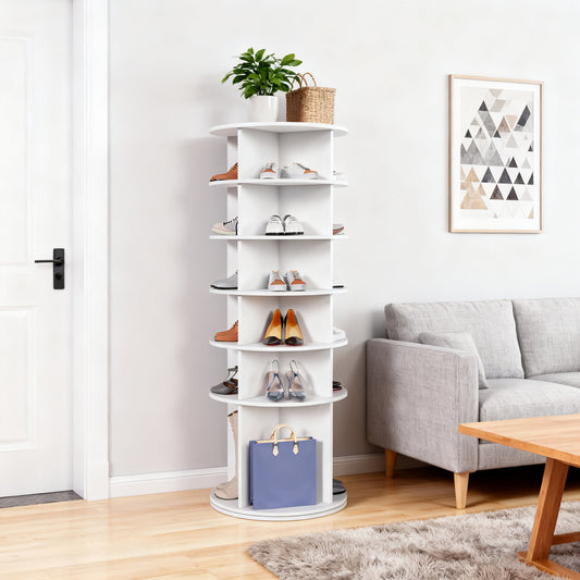 Drehbares Schuhregal 6 Etagen, 360°, Stiefelfach, 24 Paar, Weiß, 161 cm hoch