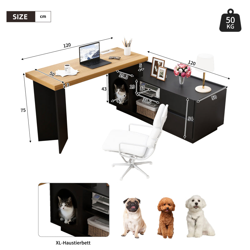 Eckschreibtisch mit integriertem Tierhaus, L-förmig oder einteilig, flexible Montage, Eckschreibtisch für Home Office mit XL-Tierhöhle, Black