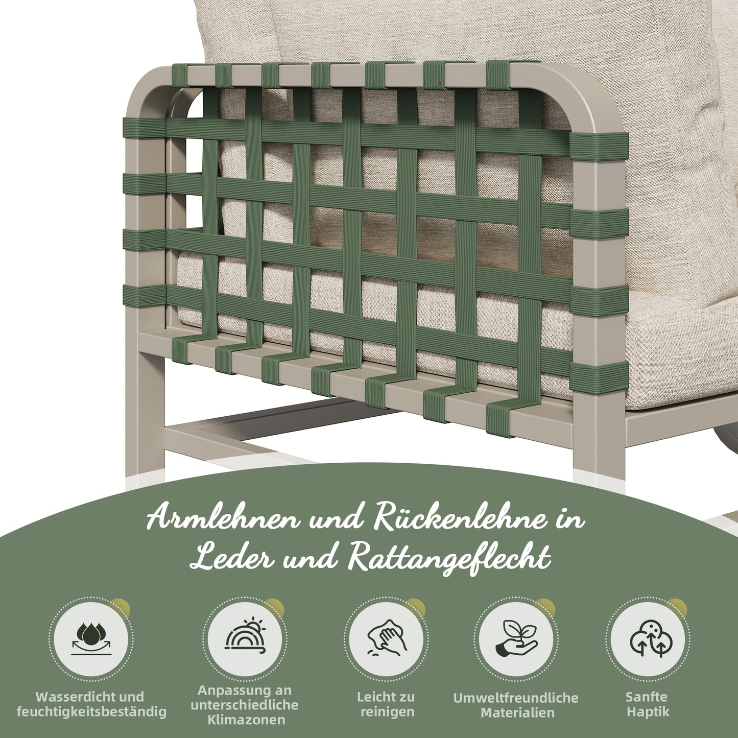Garten Lounge Set (4-5 Sitzer), Grünes Leder Rattan Gartenmöbel Set, Modernes Outdoor Sofa Set inkl. aller Sitz- und Rückenkissen, Balkonset, Garten und Terrasse, Aprikose