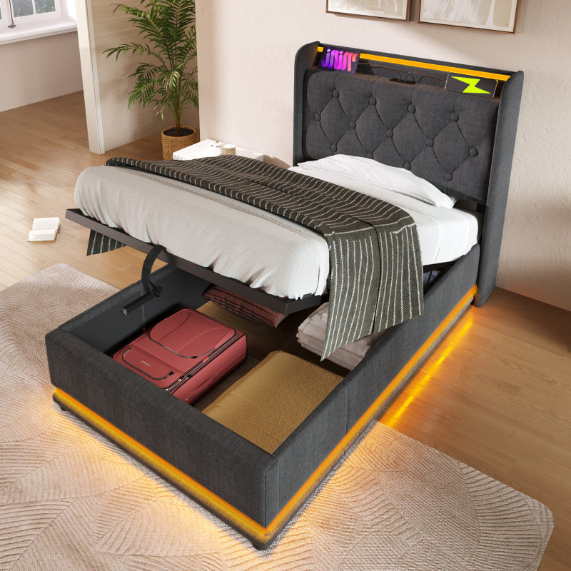 Polsterbett einzelbett,360-Surround-LED-Funktion, Drucktaste/App/Fernbedienung,90*200 cm, Grau Leinen-Material Hydraulisches Lagerbett, gepolstertes Kopfteil mit USB Typ-C Ladefunktion (Ohne Matratze)