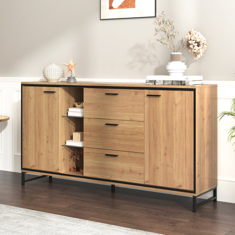 Sideboard mit drei Schubladen, exquisite Maserung. Modernes Sideboard in Holzfarbe mit Ablagefächern – stilvolle und funktionale Wohnmöbel. Schwarz und Holzfarbe.