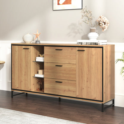 Sideboard mit drei Schubladen, exquisite Maserung. Modernes Sideboard in Holzfarbe mit Ablagefächern – stilvolle und funktionale Wohnmöbel. Schwarz und Holzfarbe.