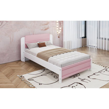 Holzbett 90*200 cm , Einzigartige und Minimalistische Form, Kopfteil mit Liniendesign, Kindereinzelbett, Rosa