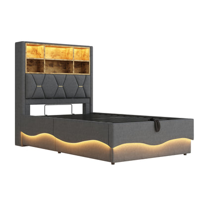 Kinderbett 90x200cm mit hydraulischem Stauraum APP-gesteuertes LED-Lichtband USB-Ladeanschluss Metall-Lattenrost Leinenpolsterung Grau