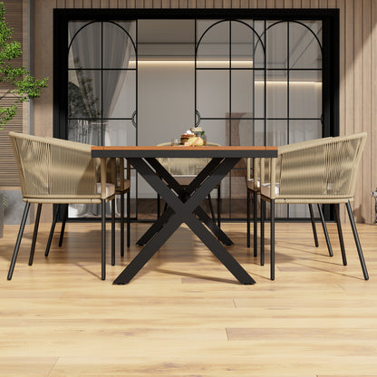 Garten-Essgruppe, 7-tlg, Garten-Lounge-Set aus Seil, 6 Sessel und 1 Tisch, Tisch aus Akazienholz, Mit Fußpolstern und sechs Sitzkissen, abnehmbar und waschbar