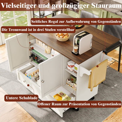 Küchenwagen, herausnehmbarer Esswagen mit offenen Ablagefächern, Handtuchhalter und Gewürzregal, verstellbare Trennwände, Küchenbuffet, Tischplatte mit Holzmaserung, weiß