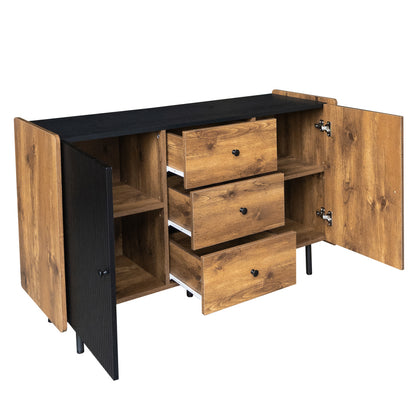 120 cm Schwarzer und Holzfarbener Sideboard - Moderner Stil, Zwei Türen und Drei Schubladen