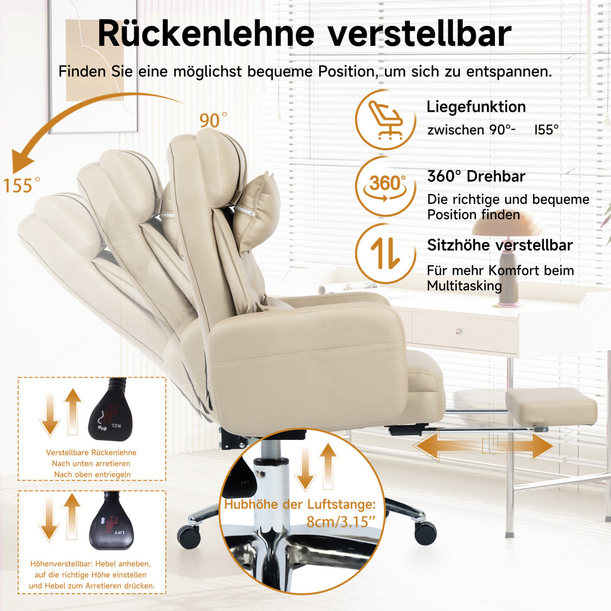 Ergonomischer Bürostuhl mit 155° Liegefunktion, Fußstütze, Tech-Leder, Beige