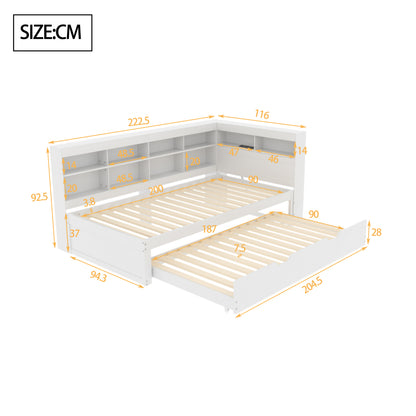 Multifunktions-Schlafsofa 90x200 & 90x190 Ausziehbar - Massivholz Weiß mit USB-Anschluss, Stauraum & Ablagefächern - Praktisches Einzelbett, Weiß