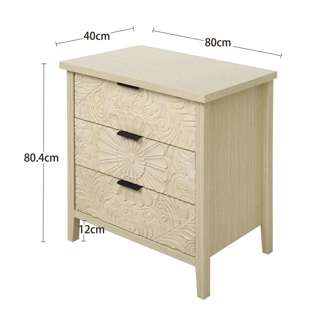 Kommode 80x80 cm Weiß, Anrichte mit 3 Schubladen in 3D-Holzoptik, Sideboard mit Bodengleitschienen & Kippsicherung