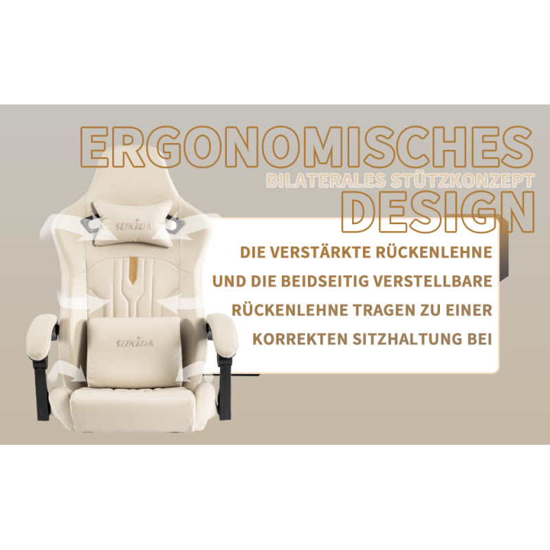Gaming Stuhl Computerstuhl Ergonomischer Gaming Chair mit Fußstütze Bürostuhl Ergonomischer Computerstuhl mit Lendenwirbelstütze Beige