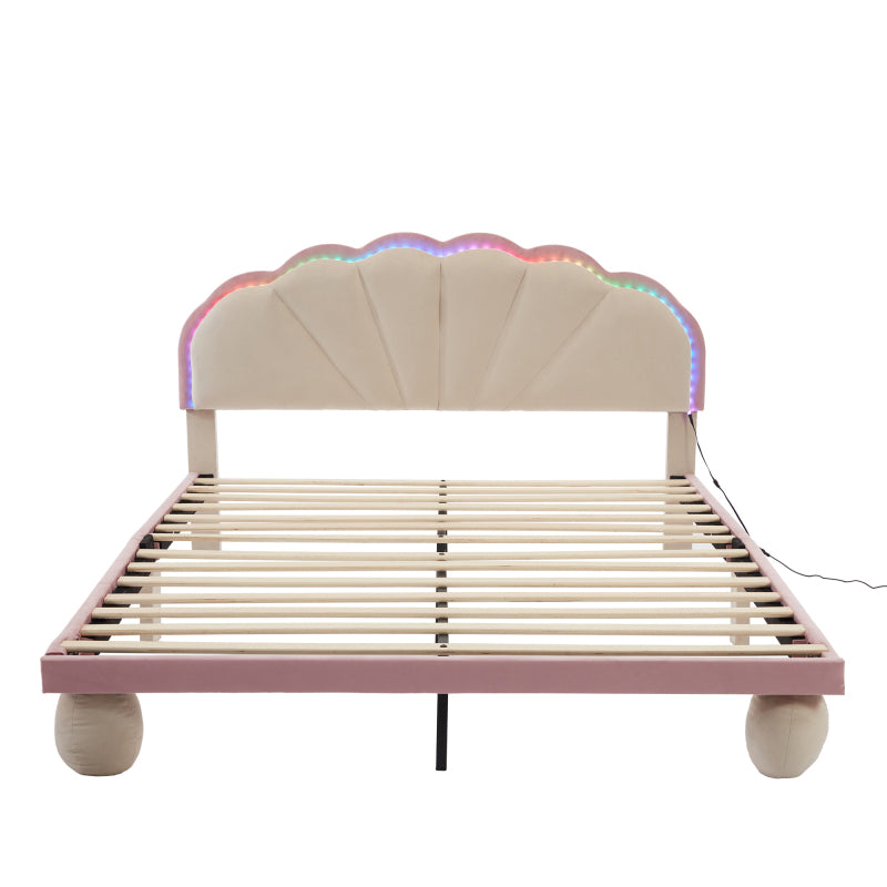 Polsterbett mit mehrfarbigen, wechselnden Lichtstreifen, Kopfteil mit Wellenschliff, mit gepolsterter runden Beine, Kinderbett, Jugendbett mit Holzlatten, Doppelbett, Samt, Beige+Rosa, 140x200cm