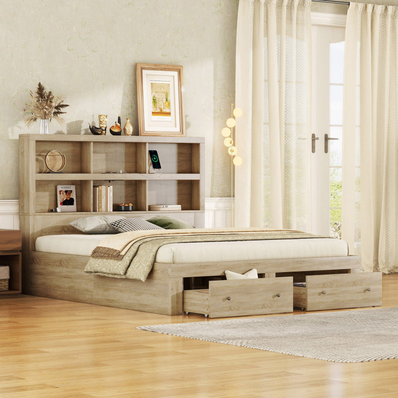 160*200 cm Doppelbett, Kingsize-Plattformbett mit zwei Schubladen am Fußende des Bettes, Kopfteil mit Stauraum, Natur