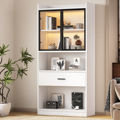 Curio Vitrine mit Licht, 16 Farben Licht, Sammlerstücke Schrank Display Regal, Bücherregal Vitrine für Wohnzimmer, weiß