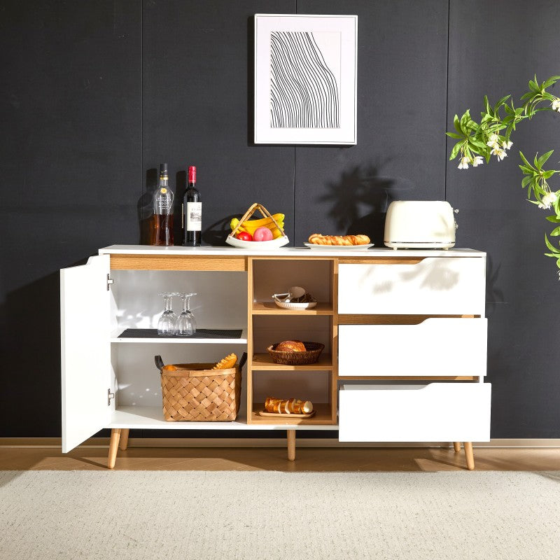 Modernes weißes Sideboard mit Einlegeböden, 3 Schubladen und offenem Stauraum, mit Kippschutz-Design – geeignet für Küche, Esszimmer und Wohnzimmer