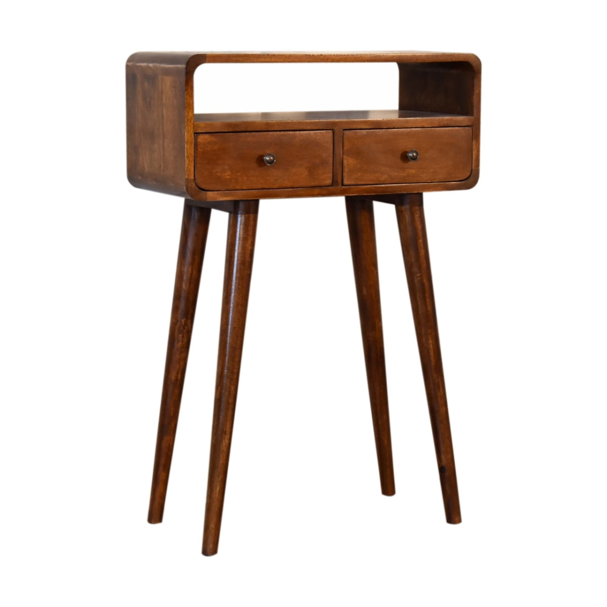 Mini-Konsolentisch aus massivem Mangoholz – Kastanienbraun, 2 Schubladen & offenes Fach, Handgefertigt, PSK-System, 60x30x90 cm