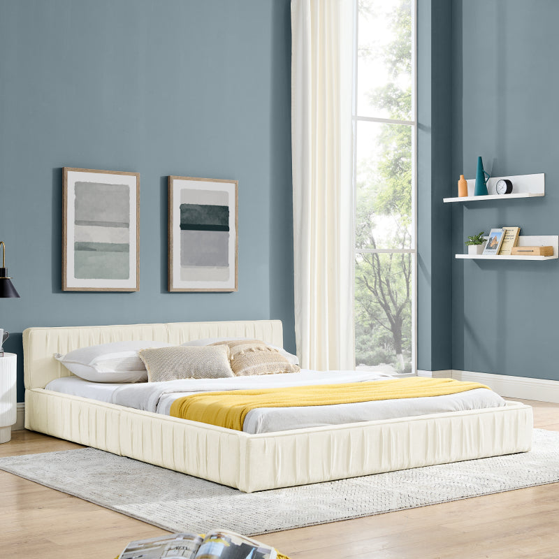 Doppelbett 160*200cm, mit Samtweichem Chenille-Bezug, Aus Ökologischem Eukalyptusholz und Stabiler Eisenrahmen, Beige (ohne Matratze)