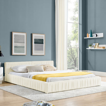 Doppelbett 160*200cm, mit Samtweichem Chenille-Bezug, Aus Ökologischem Eukalyptusholz und Stabiler Eisenrahmen, Beige (ohne Matratze)