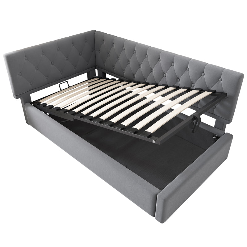 Polsterbett Tagesbett Daybett 90x200cm, Schlafsofa mit hydraulischem Stauraum, Kinderbett Jugendbett Bettgestell mit Lattenrost aus Holz, Samt, Grau, ohne Matratze.