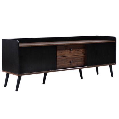 TV-Schrank mit zwei Schubladen, Fernsehtisch TV Board, TV- Lowboard niedrige Platte mit zwei Schiebetüren. Exquisite Textur. Schwarz und natürliches Holzfarbe. H58/L160/T40 cm