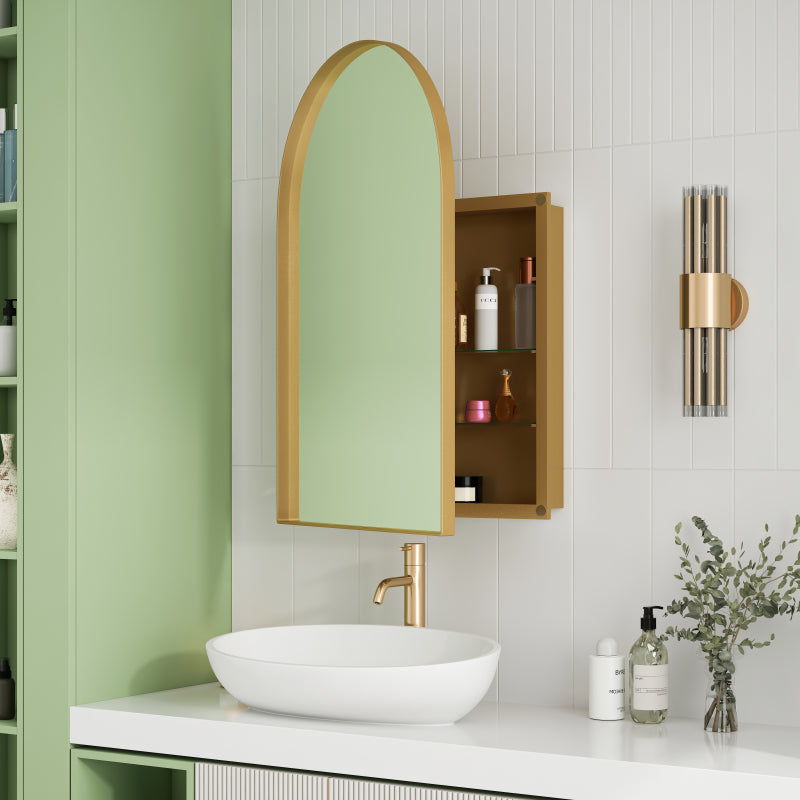 Stylish Arched Mirror Cabinet, Recessed Medicine Cabinet, Wall Cabinet with Metal Framed, Mirror and Adjustable Shelves, Mirror Cabinet with Storage for Bathroom, Living Room and Bedroom, Gold