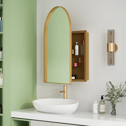 Stylish Arched Mirror Cabinet, Recessed Medicine Cabinet, Wall Cabinet with Metal Framed, Mirror and Adjustable Shelves, Mirror Cabinet with Storage for Bathroom, Living Room and Bedroom, Gold