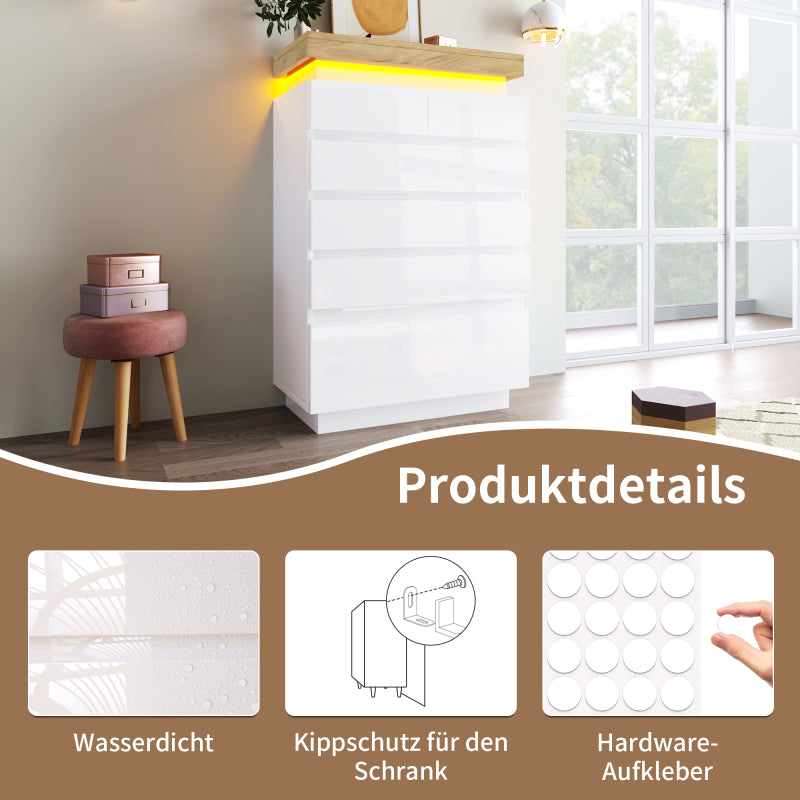 Kommode, Hochglanz Sideboard mit 6 Schubladen, LED Beleuchtung (App Control), Mehrzweckschrank für Wohnzimmer und Schlafzimmer, 115 x 73 x 39 cm, Weiß
