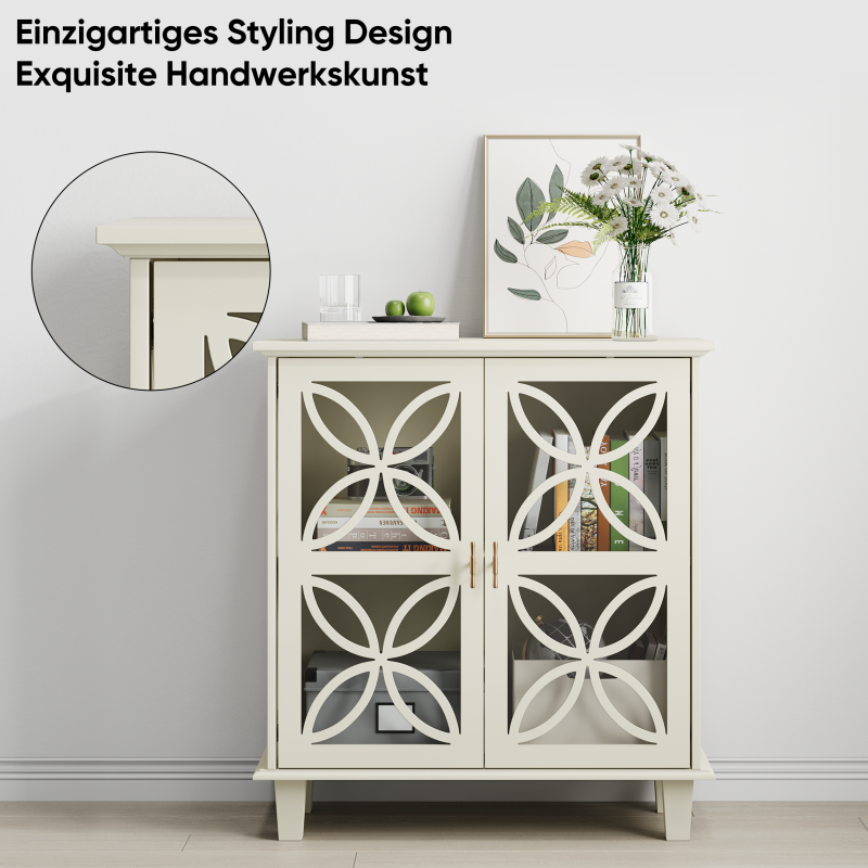 Sideboard mit Glastüren und verstellbaren Böden, freistehender Aufbewahrungsschrank im Retro-Stil, 2-türig, für Bad & Küche, Creme