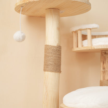 Designer Katzenklettergerüst aus Massivholz - 98 cm hoch, 3-stufiges Sprungbrett, abnehmbare Kissen und Spielbälle, Wolkenoptik-Imitation - Natürlich, umweltfreundlich, nachhaltige Nutzung, Katzenklet