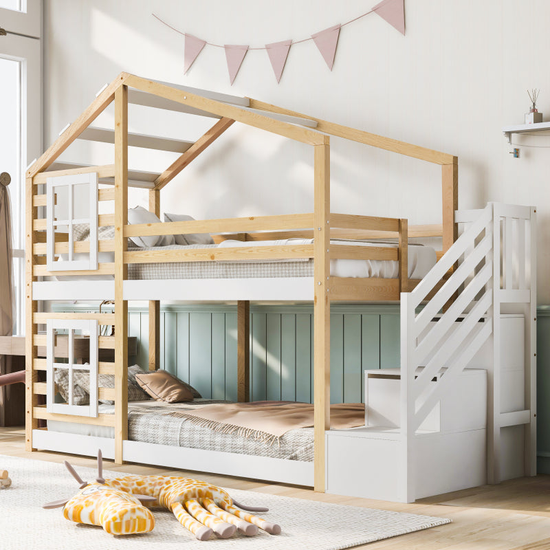 Kinderbett Baumhaus mit Rutsche & Leiter 90 x 200 cm, Hochbett für Kinder– 2x Lattenrost- Natur & Weiß