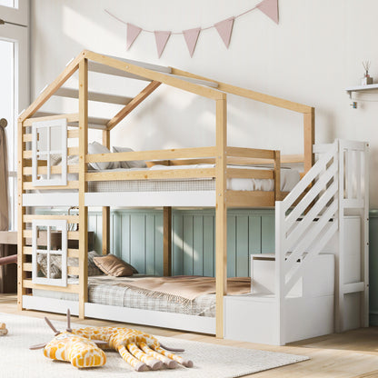 Kinderbett Baumhaus mit Rutsche & Leiter 90 x 200 cm, Hochbett für Kinder– 2x Lattenrost- Natur & Weiß
