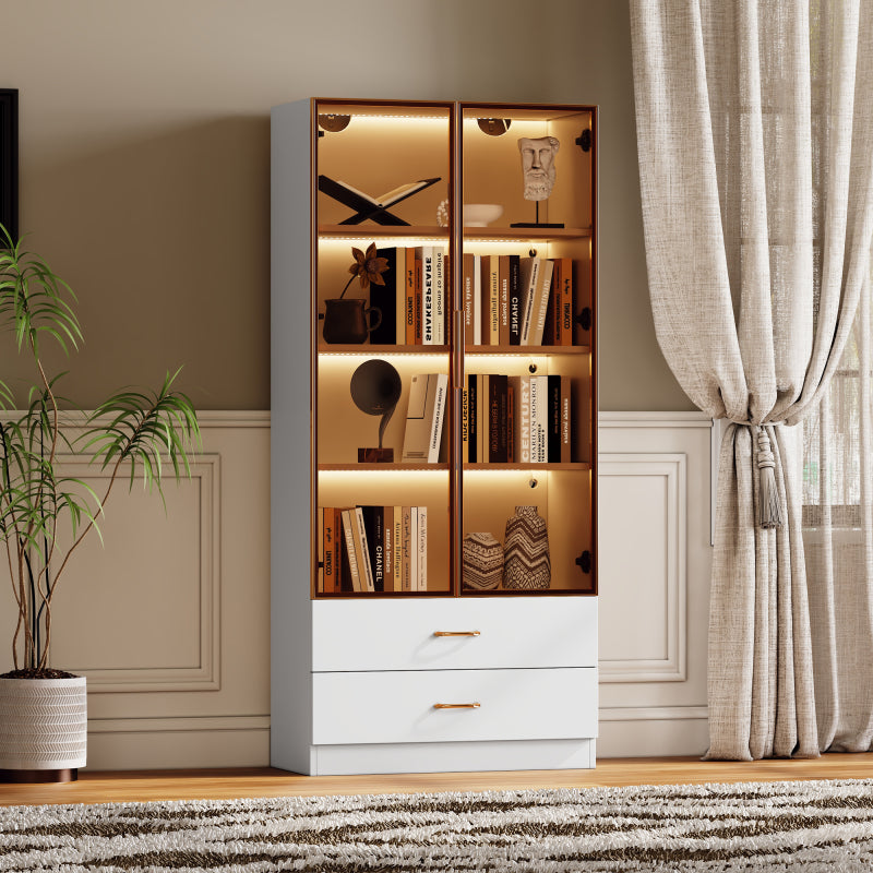 Badezimmerschrank, mittel, mit Lichtleiste, 75 cm breit, mit 2 großen Schubladen und 2 Türen, Glastür