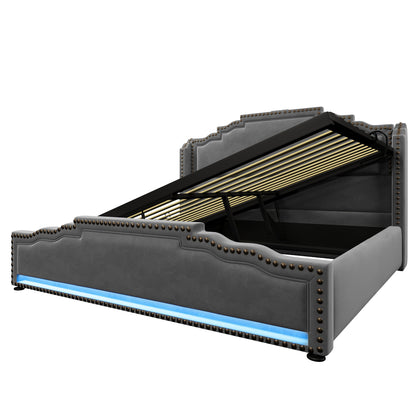 Polsterbett 140x200, Doppelbett mit hydraulischem Stauraum, LED-Beleuchtung und USB-C-Ladeanschluss, Stauraumbett und Jugendbett mit Lattenrost, Samt, Grau, Mit Matratze