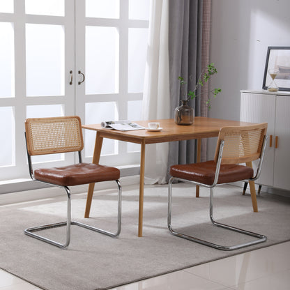 Mittelalterliche moderne Esszimmerstühle, ein Satz von 2-Rattan Esszimmerstühlen mit weichen gepolsterten Kunstlederelementen, armlose Mesh Rückenlehne Rattan Stühle, Metall Chrom Beine(Black)