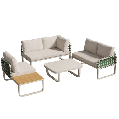 Garten Lounge Set (4-5 Sitzer), Grünes Leder Rattan Gartenmöbel Set, Modernes Outdoor Sofa Set inkl. aller Sitz- und Rückenkissen, Balkonset, Garten und Terrasse, Aprikose