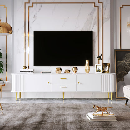 TV-Schrank mit Schubladen, geschwungenen Ecken, Wohnzimmer-TV-Schrank mit gewellten Seiten, goldenen Griffen und Beinen