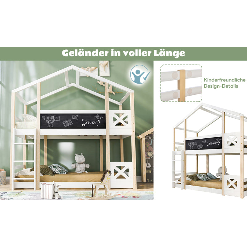 Kinderbett Baumhaus mit Rutsche & Leiter 90 x 200 cm, Hochbett für Kinder– 2x Lattenrost- Natur & Weiß