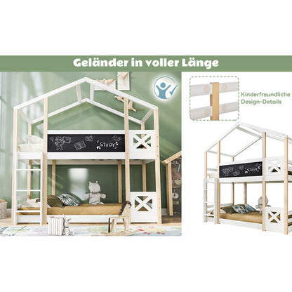 Kinderbett Baumhaus mit Rutsche & Leiter 90 x 200 cm, Hochbett für Kinder– 2x Lattenrost- Natur & Weiß