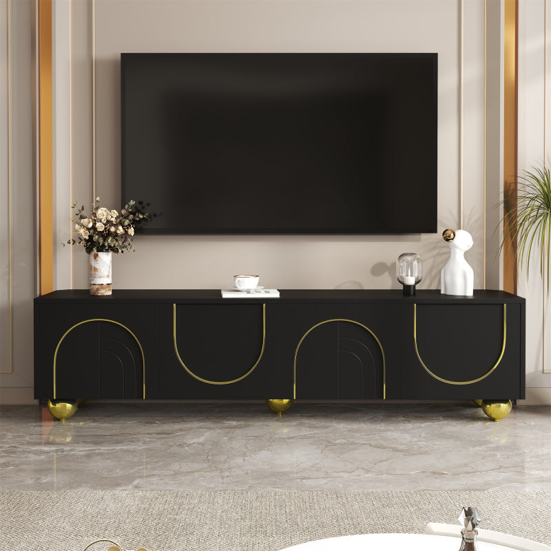 TV-Schrank, lowboard mit strukturierten Türen, goldenen Verzierungen, goldenen runden Beinen, inklusive Einlegeböden, push-to-open