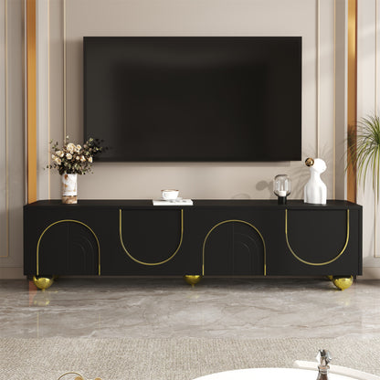 TV-Schrank, lowboard mit strukturierten Türen, goldenen Verzierungen, goldenen runden Beinen, inklusive Einlegeböden, push-to-open