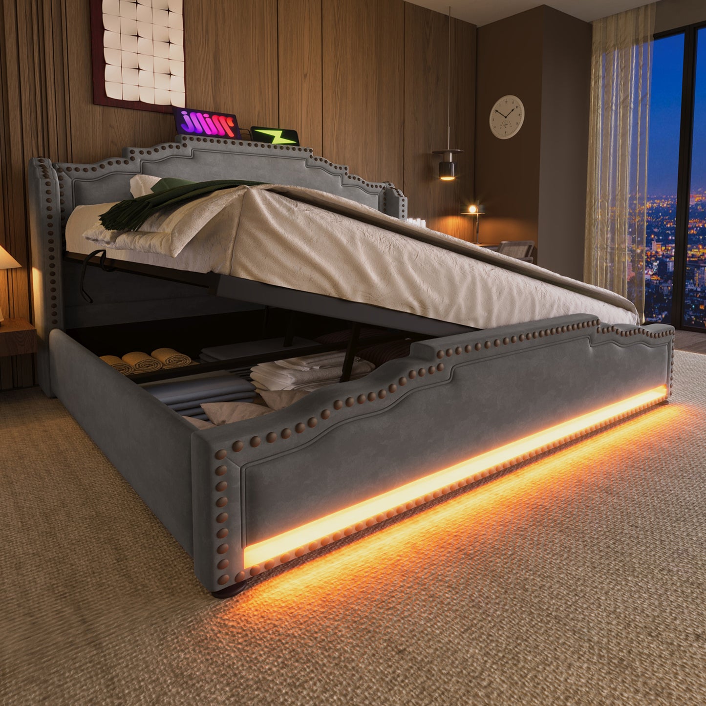 Polsterbett 140x200, Doppelbett mit hydraulischem Stauraum, LED-Beleuchtung und USB-C-Ladeanschluss, Stauraumbett und Jugendbett mit Lattenrost, Samt, Grau, ohne Matratze