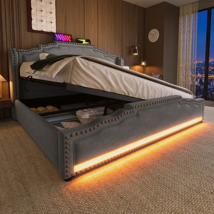 Polsterbett 140x200, Doppelbett mit hydraulischem Stauraum, LED-Beleuchtung und USB-C-Ladeanschluss, Stauraumbett und Jugendbett mit Lattenrost, Samt, Grau, ohne Matratze