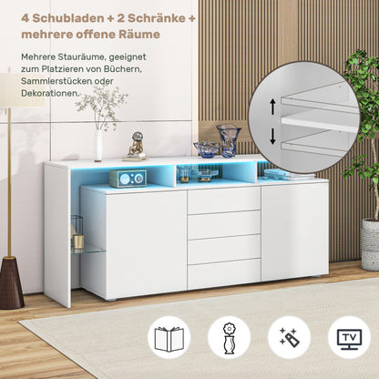 Kommode, Sideboard mit LED, Wohnzimmermöbel in Weiß Hochglanz, Wohnzimmerschrank, Standschrank, TV-Schrank, Wohnzimmerwand, Highboard, Mehrzweckschrank, LED-Vitrine, Buffetschrank Esszimmer