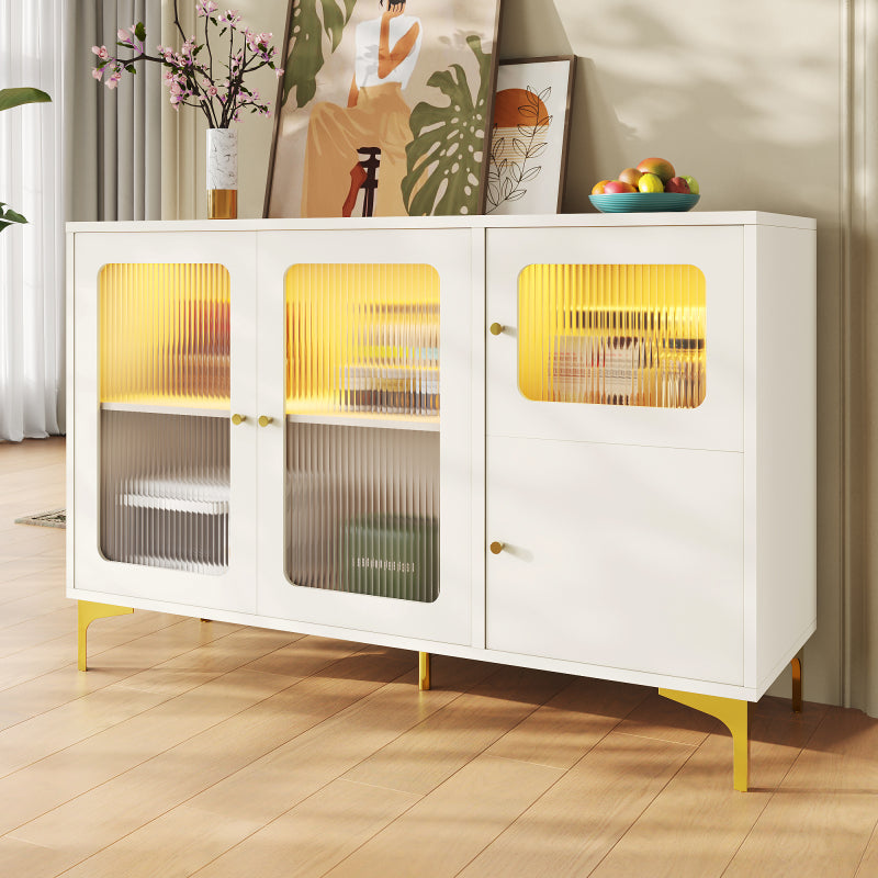 Modernes und schlichtes weißes Sideboard (140 x 40 x 90 cm), Changhong-Glastür-Design, integriertes warmes Umgebungslicht, mit dekorativen Metalldetails und viel Stauraum, geeignet für Esszimmer