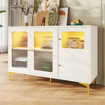 Modernes und schlichtes weißes Sideboard (140 x 40 x 90 cm), Changhong-Glastür-Design, integriertes warmes Umgebungslicht, mit dekorativen Metalldetails und viel Stauraum, geeignet für Esszimmer