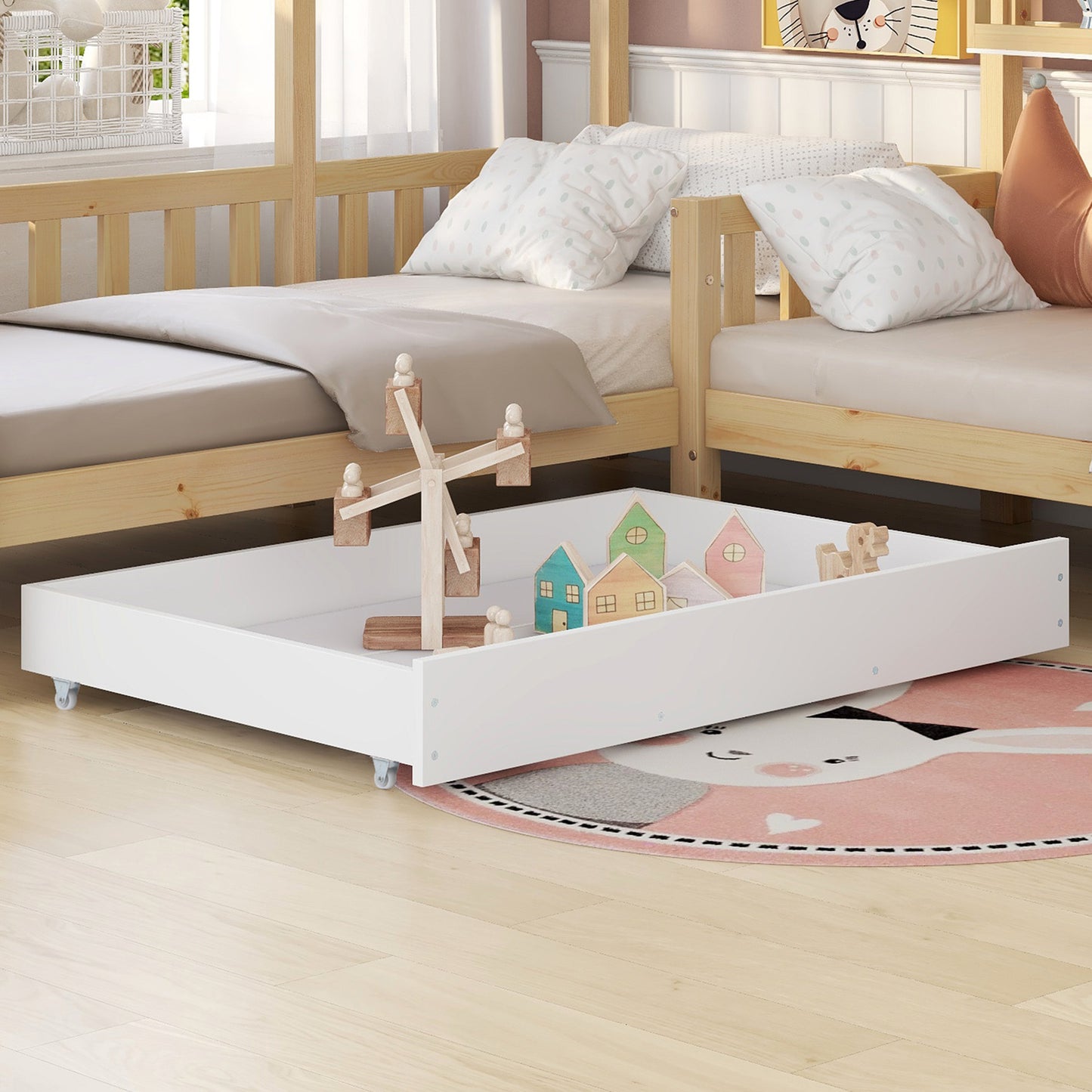 Kinderbett Hausbett mit Schubladen und Regalen, Massivholz mit Zaun und Lattenrost, L-Struktur, Natur (90x200 cm+140x70cm)