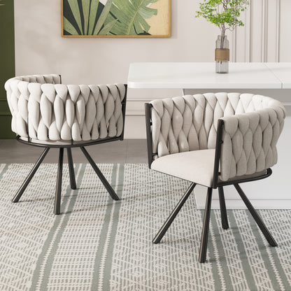 Leinen-Esszimmerstuhl, 2er set, Freizeit-Drehstuhl mit vier Stützbeinen aus Metall,Leinen beige und schwarz