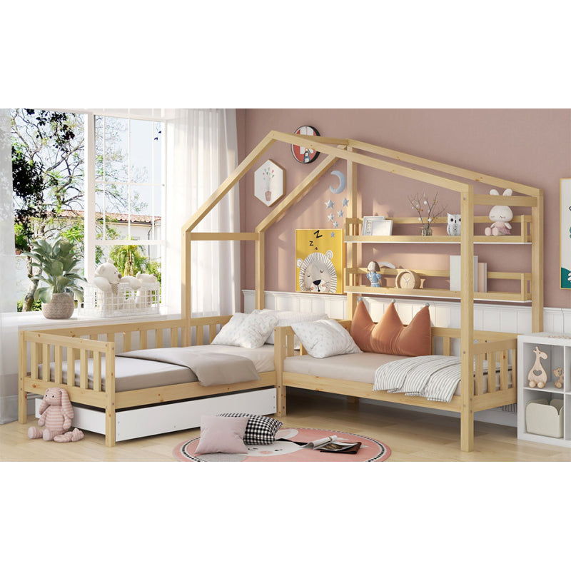 Kinderbett Hausbett mit Schubladen und Regalen, Massivholz mit Zaun und Lattenrost, L-Struktur, Natur (90x200 cm+140x70cm)