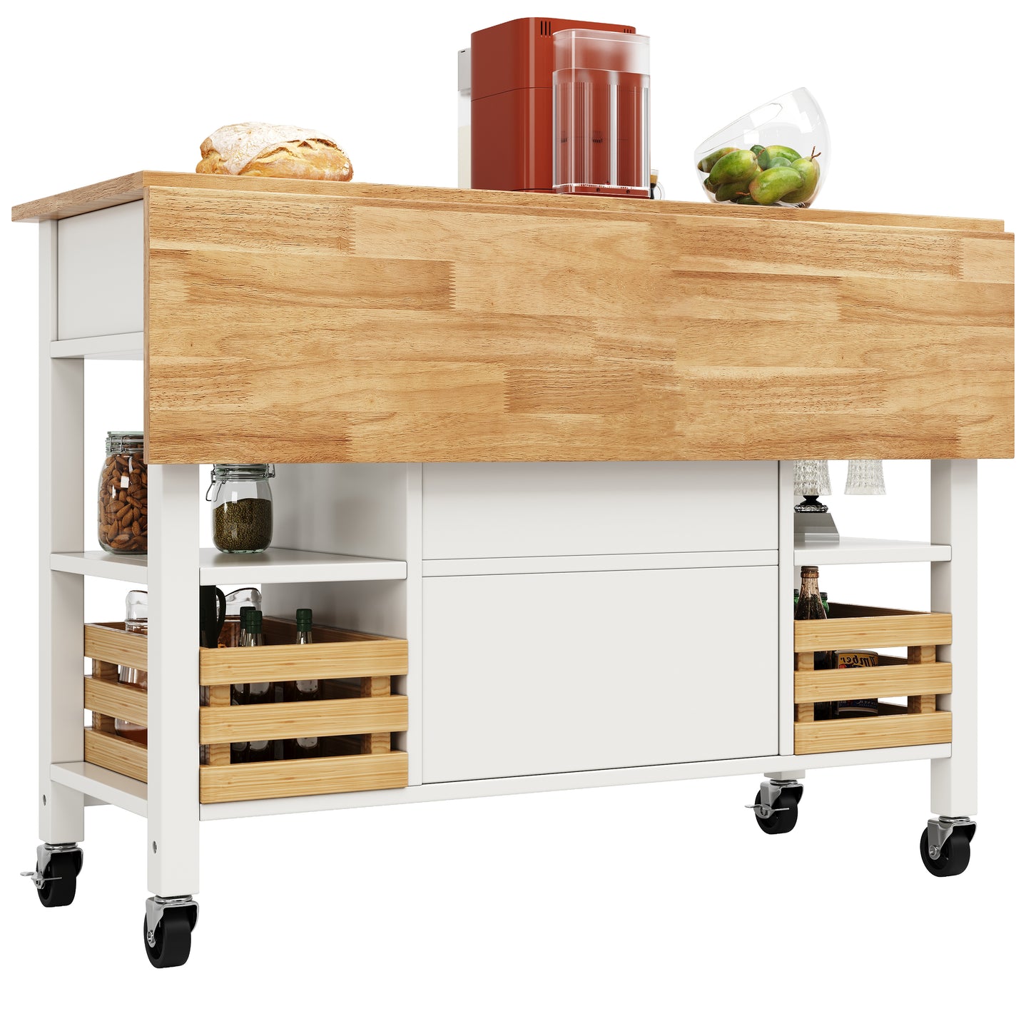 Moderne Kücheninsel Küchenschrank 120x45x90cm Esszimmerwagen mit Kiefernkorb Multifunktions Esstisch Holzmaserung Aufbewahrungskorb Weiß